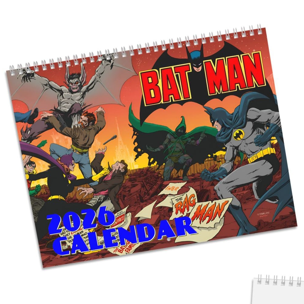 Batman calendar with a white sheet on a white background