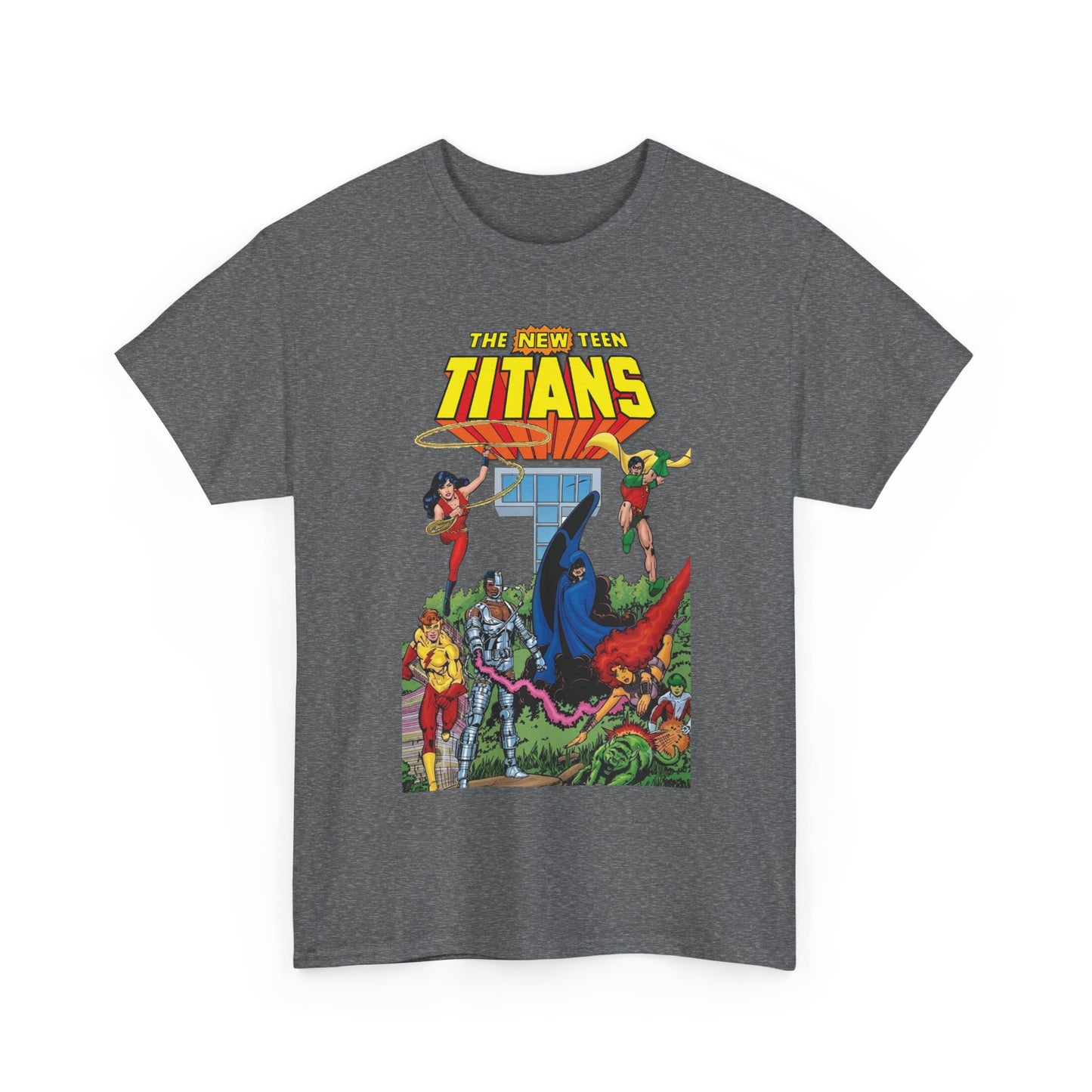 New Teen Titans T-Shirt - George Perez Art - Robin, Wonder Girl, Cyborg, Raven, Changeling, Starfire, Kid Flash - Titans Tower - DC Comics
