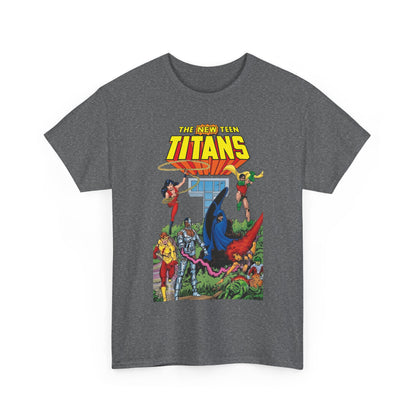 New Teen Titans T-Shirt - George Perez Art - Robin, Wonder Girl, Cyborg, Raven, Changeling, Starfire, Kid Flash - Titans Tower - DC Comics