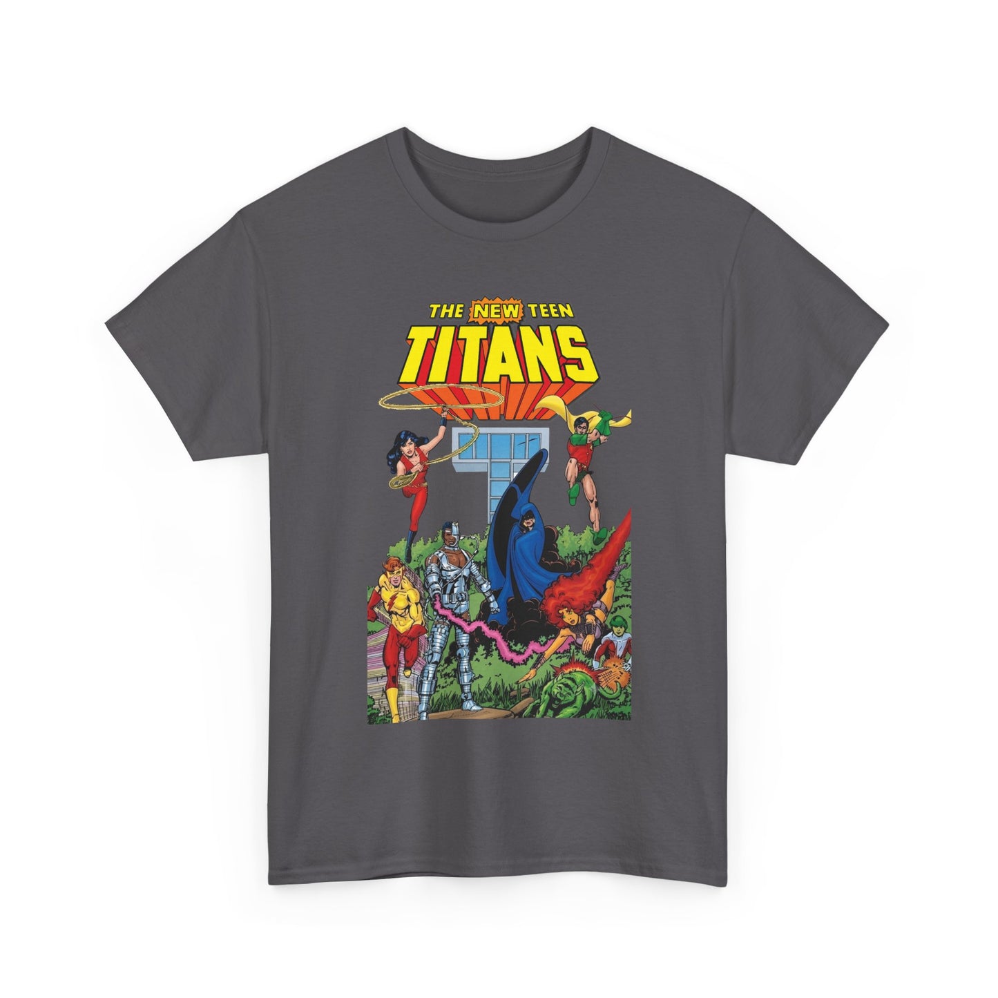 New Teen Titans T-Shirt - George Perez Art - Robin, Wonder Girl, Cyborg, Raven, Changeling, Starfire, Kid Flash - Titans Tower - DC Comics