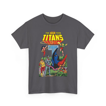 New Teen Titans T-Shirt - George Perez Art - Robin, Wonder Girl, Cyborg, Raven, Changeling, Starfire, Kid Flash - Titans Tower - DC Comics
