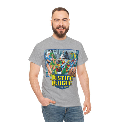 Justice League International T-Shirt - Kevin Maguire Art - Blue Beetle, Booster Gold, Martian Manhunter, Captain Atom, Batman, Fire, Ice - DC Comics - JLI