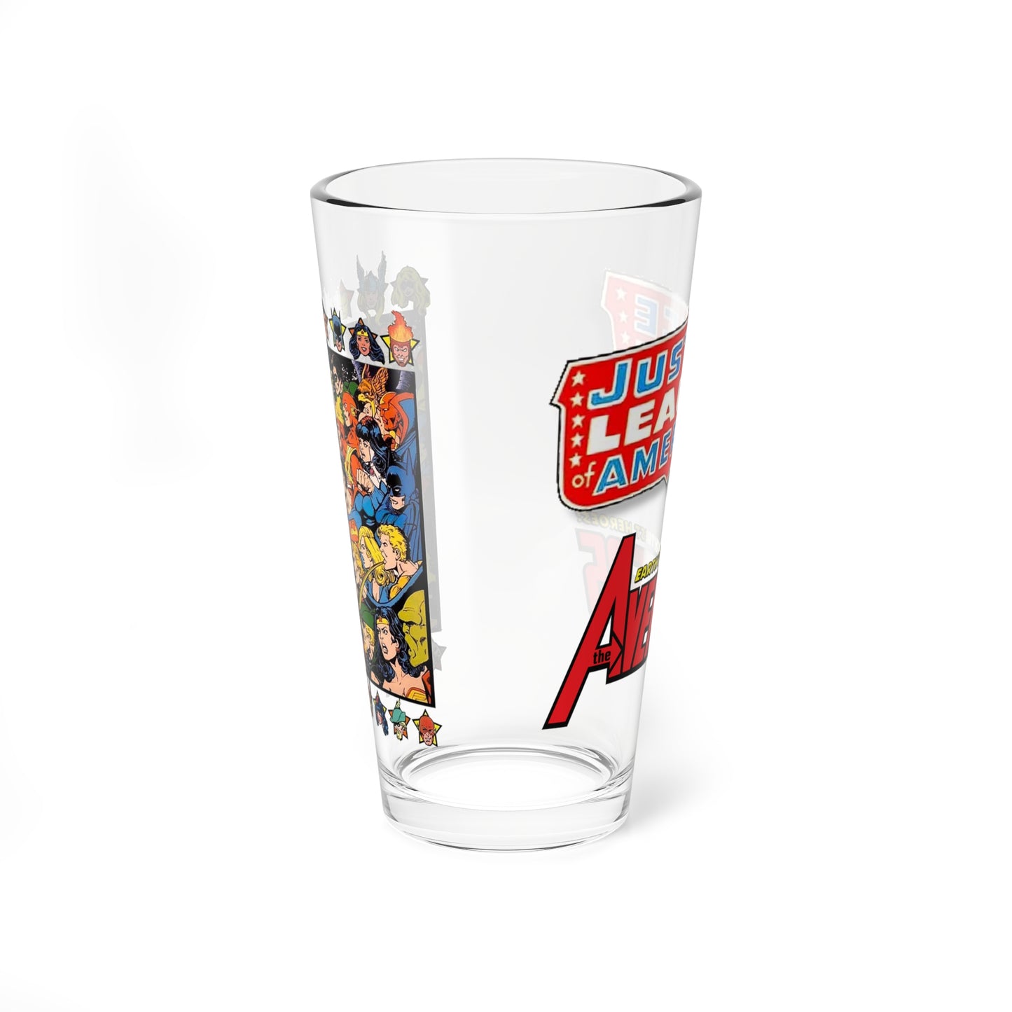 Justice League Vs Avengers Pint Glass, 16oz - George Perez Art - Superman, Iron Man, Thor, Captain America, Wonder Woman, Scarlet Witch, Green Lantern - DC & Marvel Comics