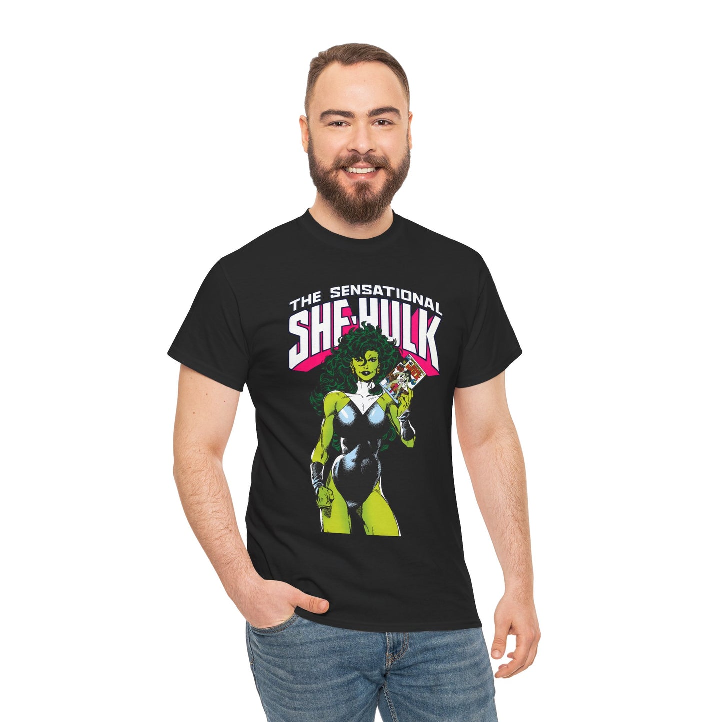 Sensational She-Hulk T-Shirt - Classic John Byrne Art - Jennifer Walters, Hulk's Cousin - Marvel Comics - Popular 1980s Series - "Rip Up Your X-Men!"