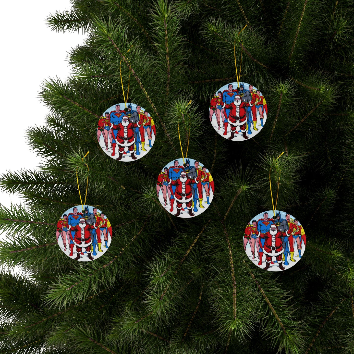DC Comics Christmas Ceramic Ornaments, 2-Side Print, (3pcs, 5pcs, 10pcs) - Superman, Batman, Teen Titans, Santa Claus