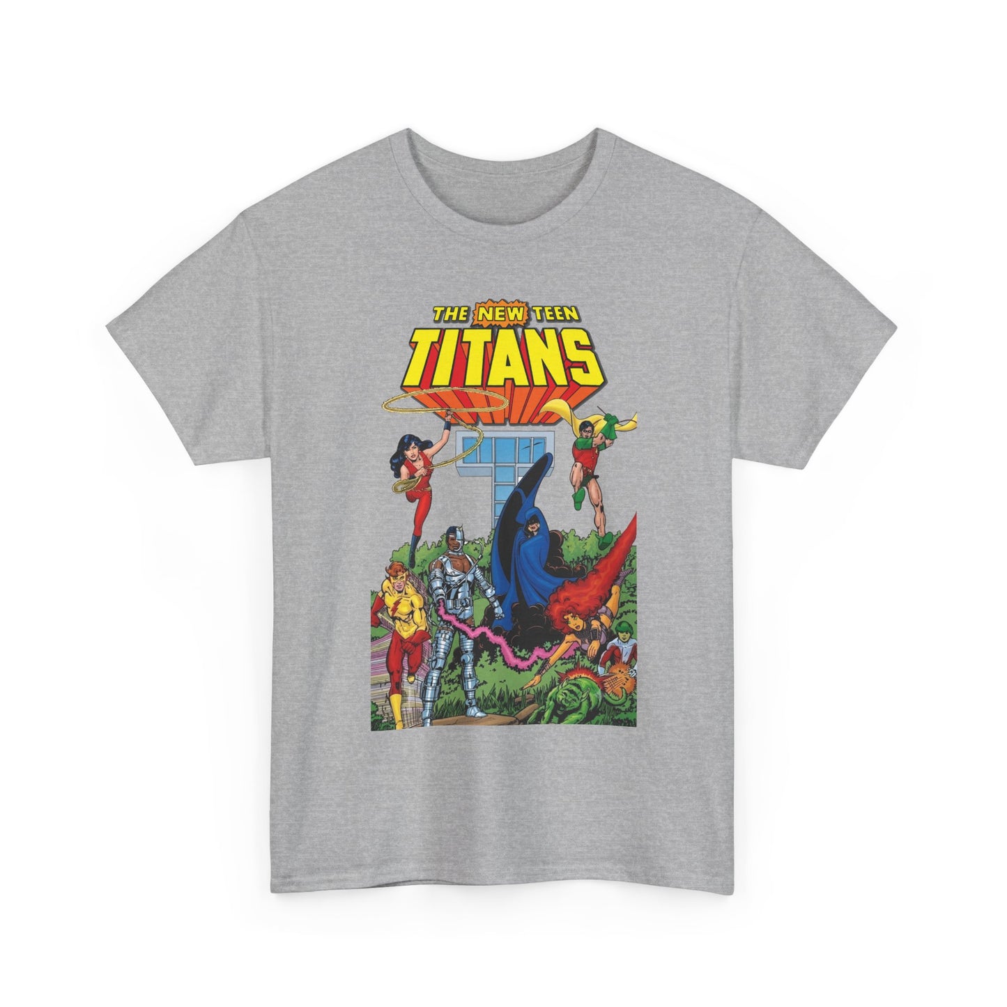 New Teen Titans T-Shirt - George Perez Art - Robin, Wonder Girl, Cyborg, Raven, Changeling, Starfire, Kid Flash - Titans Tower - DC Comics