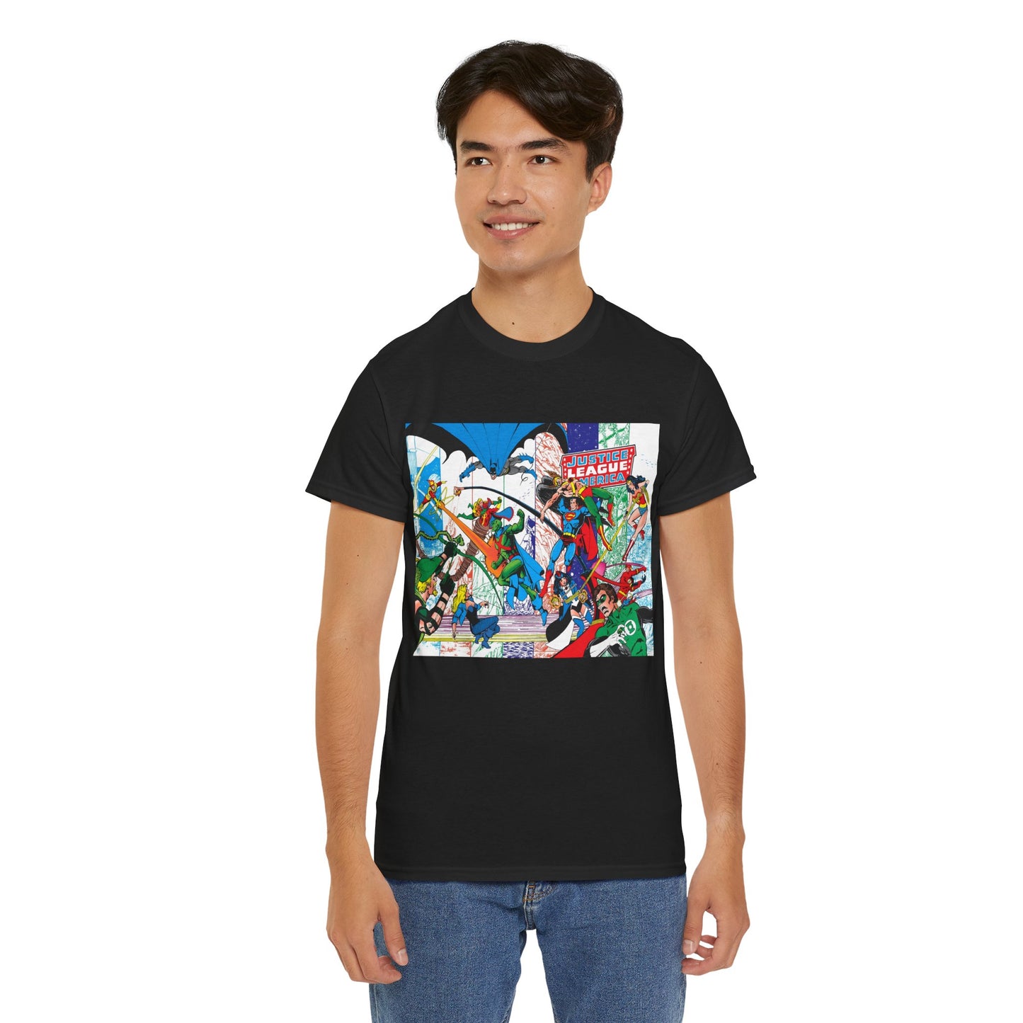 Justice League of America #200 T-Shirt - George Perez Art - Superman, Batman, Zatanna, Wonder Woman, Elongated Man, Martian Manhunter, Black Canary, Atom, Firestorm - DC Comics