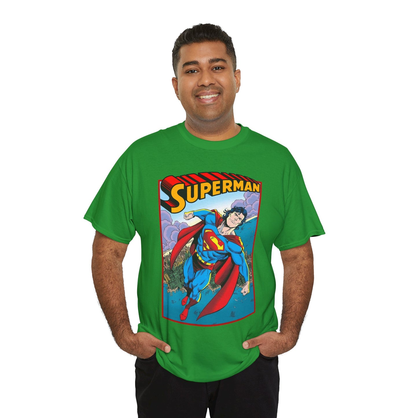Superman T-Shirt - Tom Grummett Art - DC Comics - Metropolis, Man of Steel Flying Through the Sky - Post-Reign of the Supermen Storyline Artwork