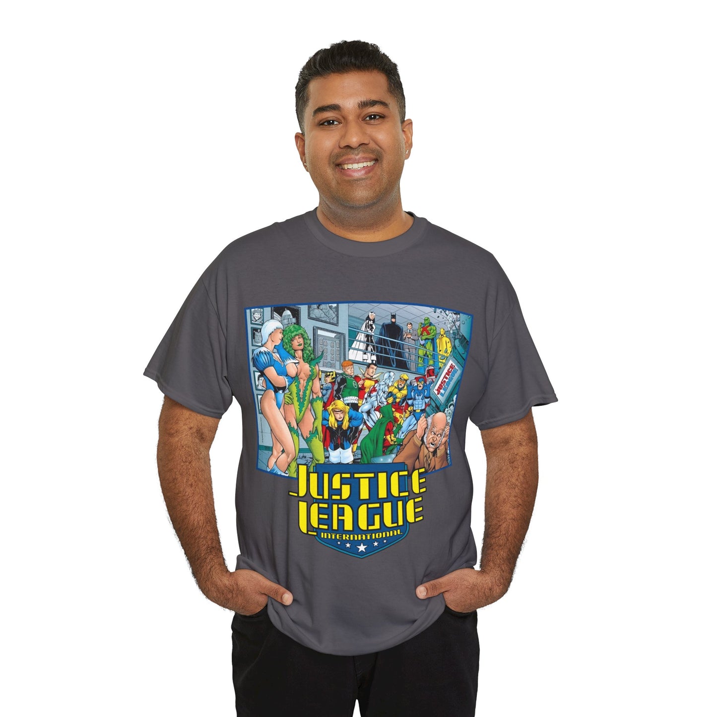 Justice League International T-Shirt - Kevin Maguire Art - Blue Beetle, Booster Gold, Martian Manhunter, Captain Atom, Batman, Fire, Ice - DC Comics - JLI