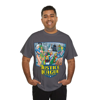Justice League International T-Shirt - Kevin Maguire Art - Blue Beetle, Booster Gold, Martian Manhunter, Captain Atom, Batman, Fire, Ice - DC Comics - JLI