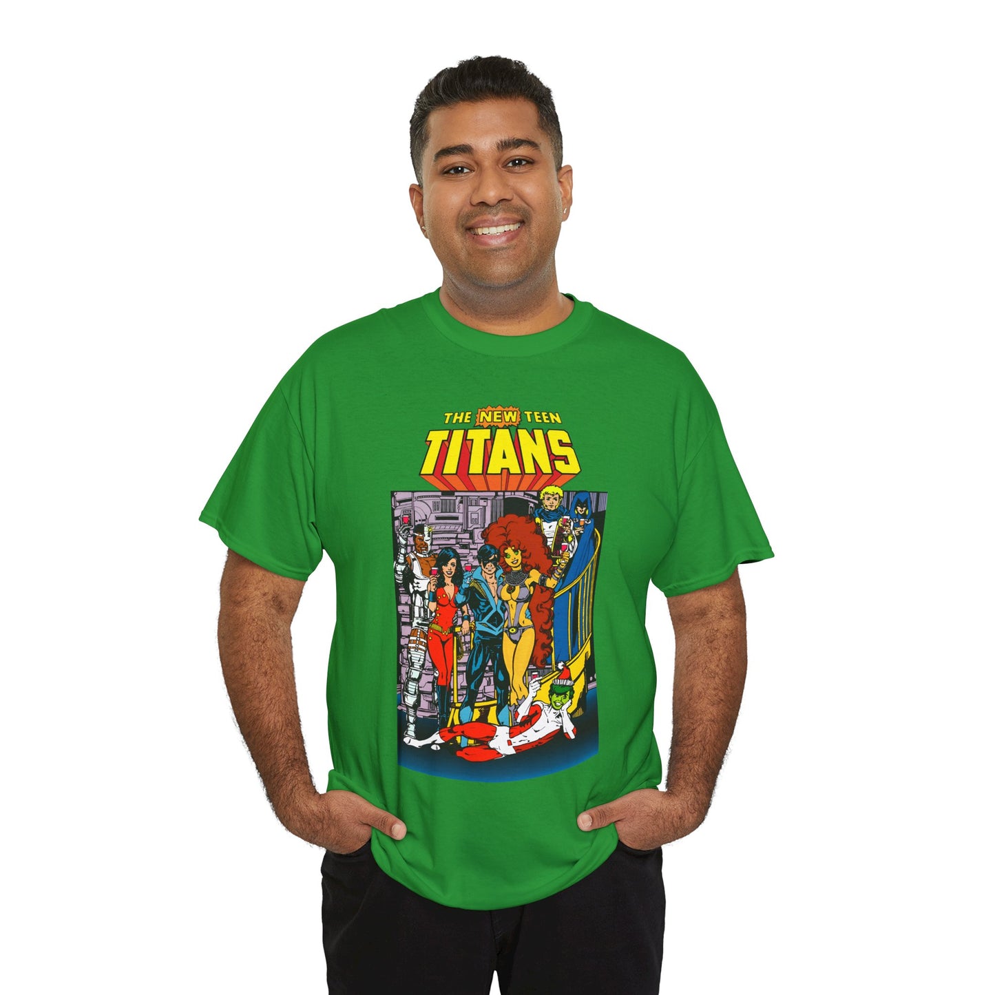 New Teen Titans T-Shirt - George Perez Art - Nightwing, Cyborg, Raven, Starfire, Wonder Girl, Changeling, Jericho - Titans Tower - DC Comics