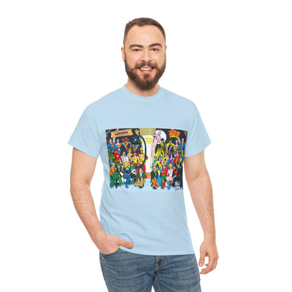JLA & JSA T-Shirt - George Perez Art - Justice League, Society Team-up - Batman, Wildcat, Dr Fate, Hourman, Firestorm, Superman