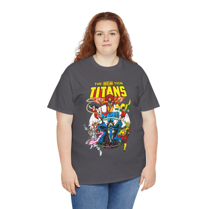 New Teen Titans T-Shirt - Classic George Perez Art - Cyborg, Raven, Starfire, Robin, Wonder Girl, Changeling, Kid Flash - Titans Tower - Popular DC Comics 1980s Series