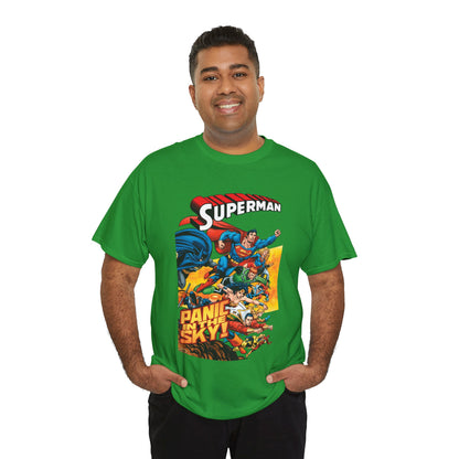 Superman - Panic in the Sky T-Shirt - Dan Jurgens Art - Vs Brainiac & Maxima - Wonder Woman, Booster Gold, Shazam, Batman, Flash, Aquaman, Supergirl - DC Comics