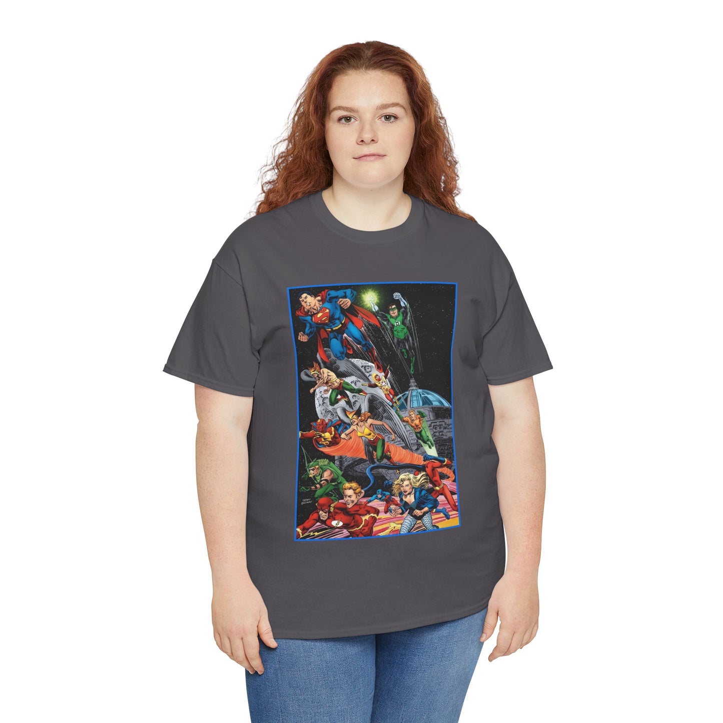 Justice League of America T-Shirt - Jerry Ordway Art - Superman, Wonder Woman, Firestorm, Flash, Black Canary, Atom - DC Comics