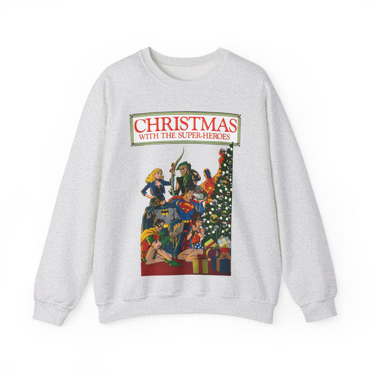 Christmas With the DC Super-Heroes Heavy Blend Crewneck Sweatshirt - Superman, Batman, Green Arrow, Black Canary - Festive Holiday Shirt
