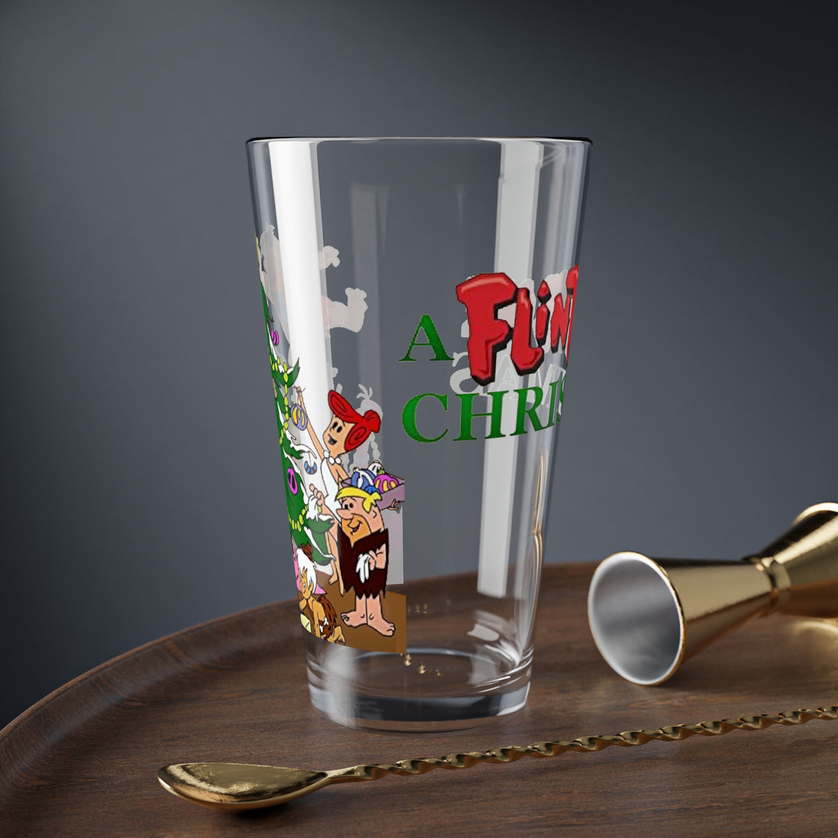 Flintstones Christmas Pint Glass, 16oz - Fred, Wilma, Barney, Betty Festive Holiday Barware