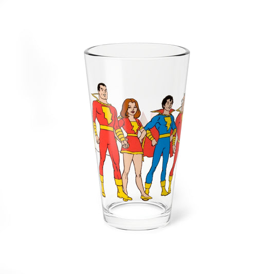 Shazam Pint Glass, 16oz - Marvel Family - Mary Marvel, Captain Marvel Jr, Uncle Marvel - Filmation 1970s Cartoon - DC Comics Characters