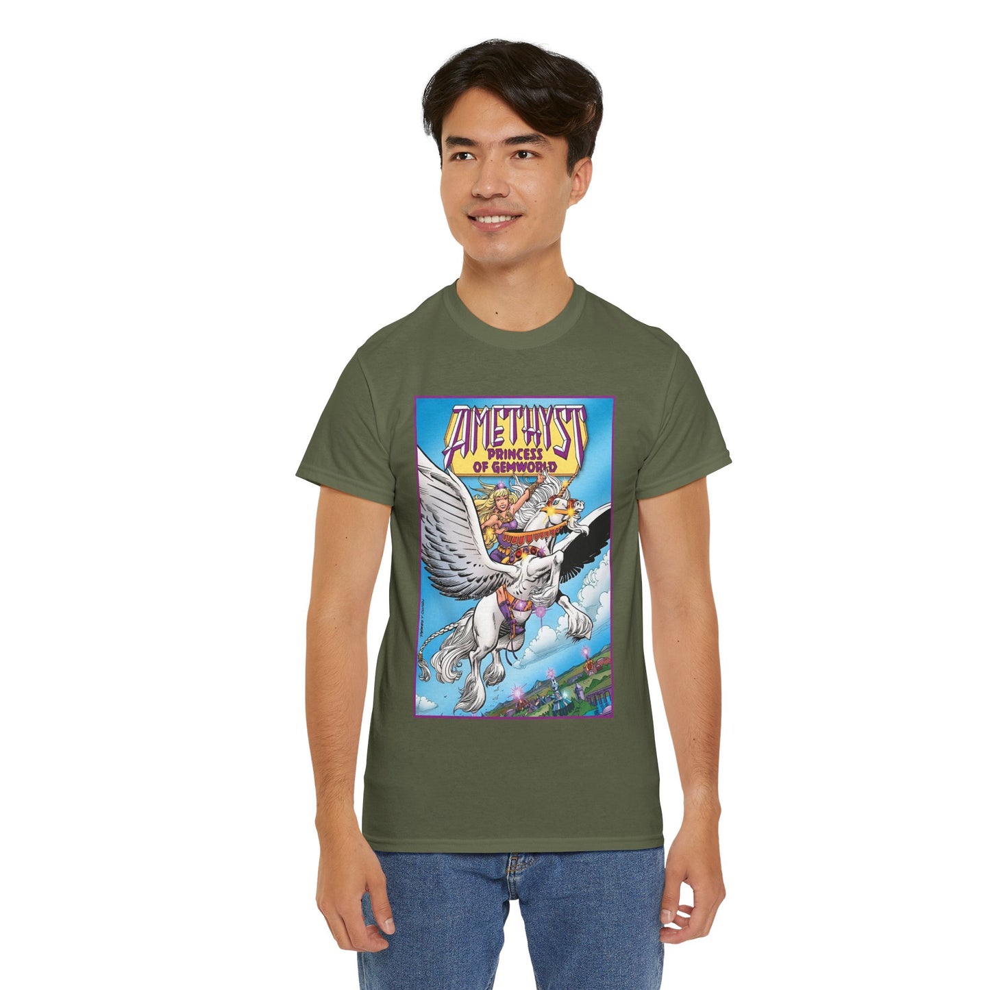 Amethyst Princess of Gemworld T-Shirt - George Perez Art - Riding Her Pegasus - DC Comics