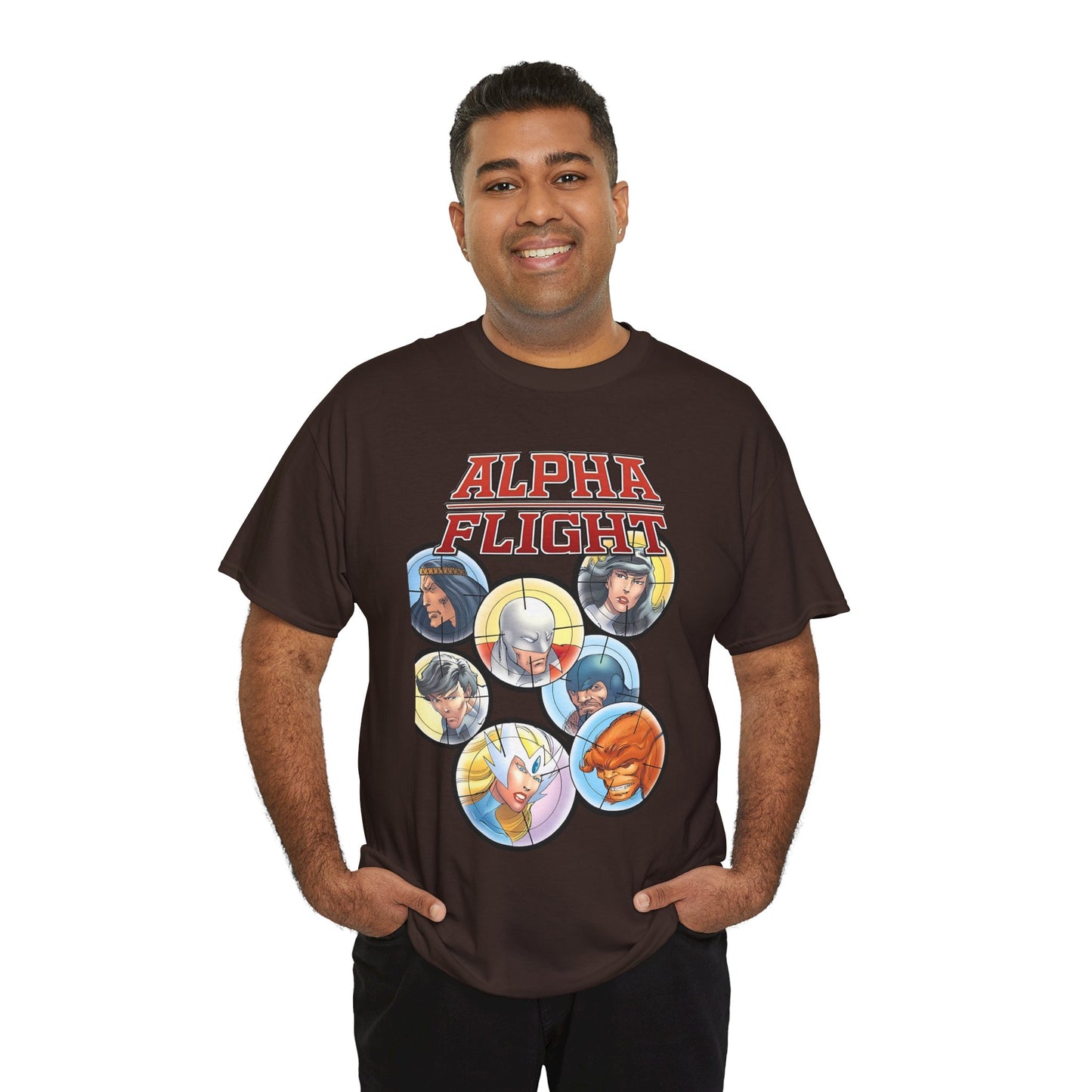 Alpha Flight T-Shirt - John Byrne Art - Guardian, Aurora, Northstar, Sasquatch, Shaman, Puck, Snowbird - Canada's Super Heroes - Marvel Comics