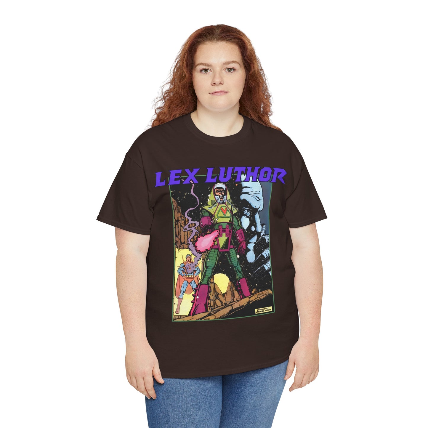 Lex Luthor T-Shirt - George Perez Art - 1980s DC Comics - Action Comics Armor - Inspiration for Super Powers Figure - Superman Enemy