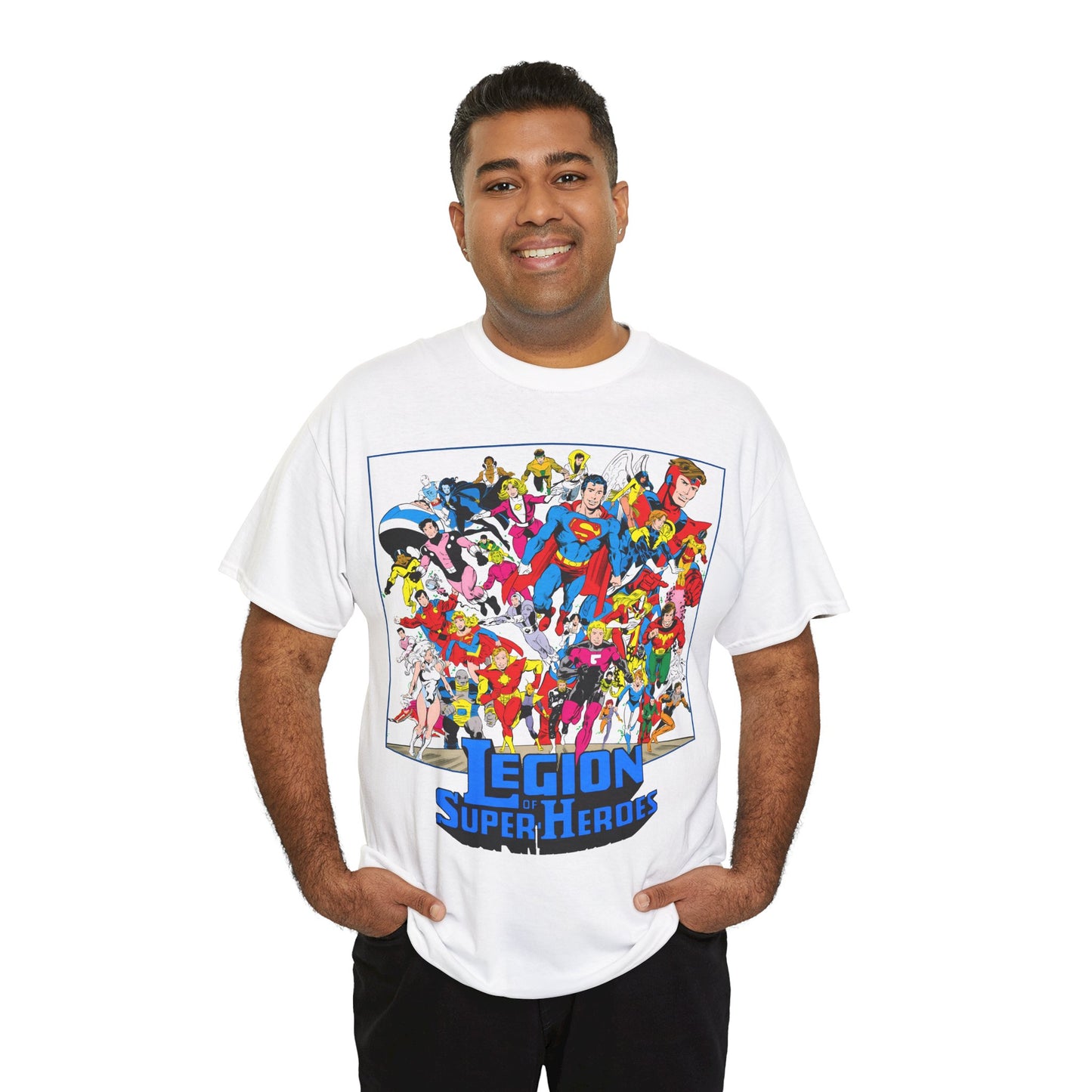 Legion of Super-Heroes T-Shirt - Greg Laroque Art - Who's Who in DC Comics - Superboy, Cosmic Boy, Dream Girl, Dawnstar, Supergirl, Sun Boy, Wildfire, Element Lad, Invisible Kid, Saturn Girl, Lightning Lad - DC Comics