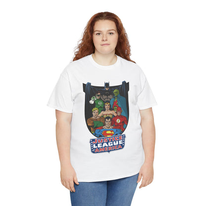 Justice League of America T-Shirt - George Perez Art - Superman, Wonder Woman, Batman, Aquaman, Martian Manhunter, Flash, Green Lantern - DC Comics
