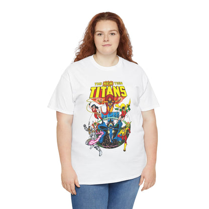 New Teen Titans T-Shirt - Classic George Perez Art - Cyborg, Raven, Starfire, Robin, Wonder Girl, Changeling, Kid Flash - Titans Tower - Popular DC Comics 1980s Series