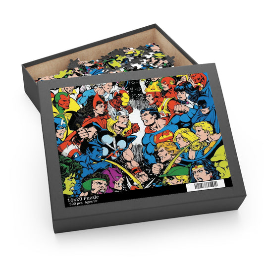 Justice League Vs Avengers 500 Piece Puzzle - George Perez Art - DC Comics & Marvel Comics - Superman, Thor, Hawkeye, Firestorm