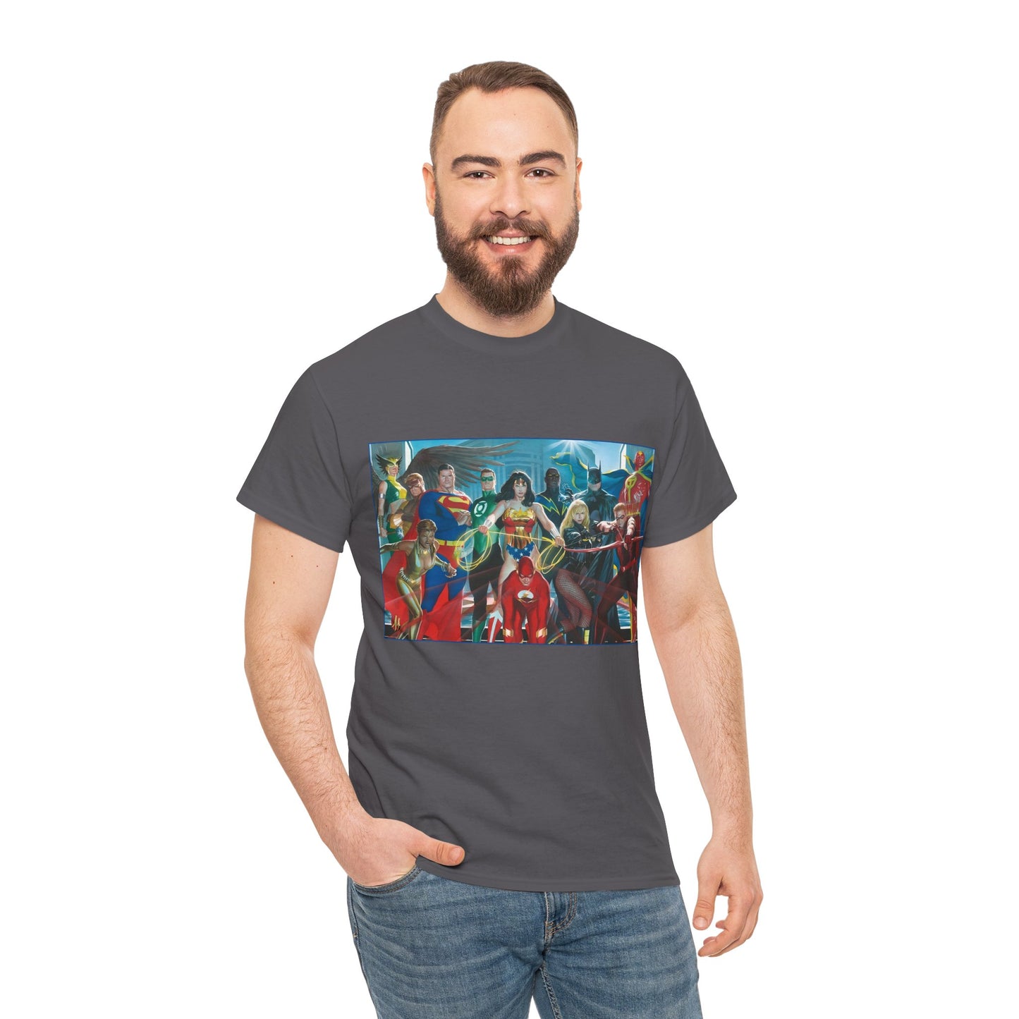 Justice League T-Shirt - Alex Ross Art - Superman, Wonder Woman, Batman, Flash, Black Canary, Vixen, Black Lightning, Green Lantern, Geo-Force, Red Tornado - DC Comics
