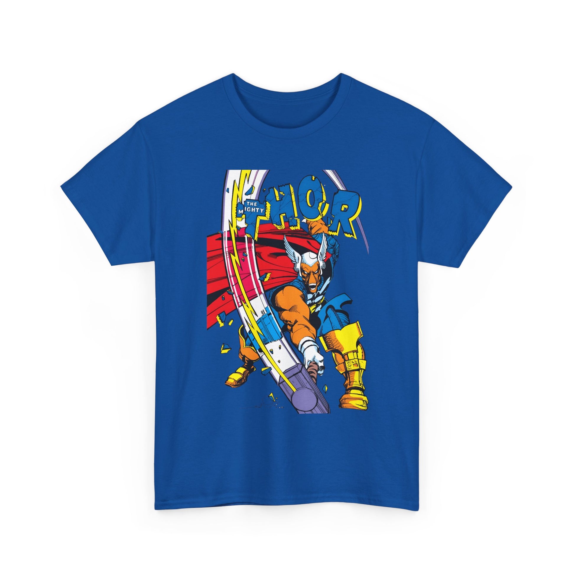 Blue t-shirt with Thor graphic design on a white background