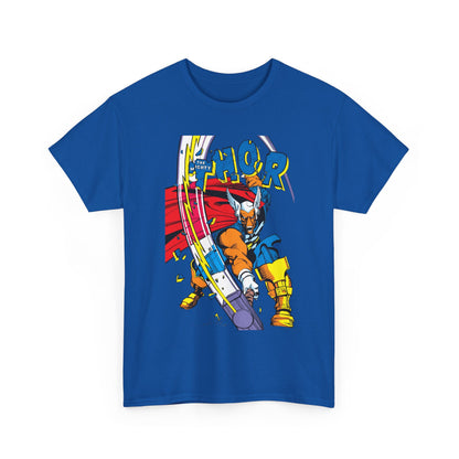 Blue t-shirt with Thor graphic design on a white background