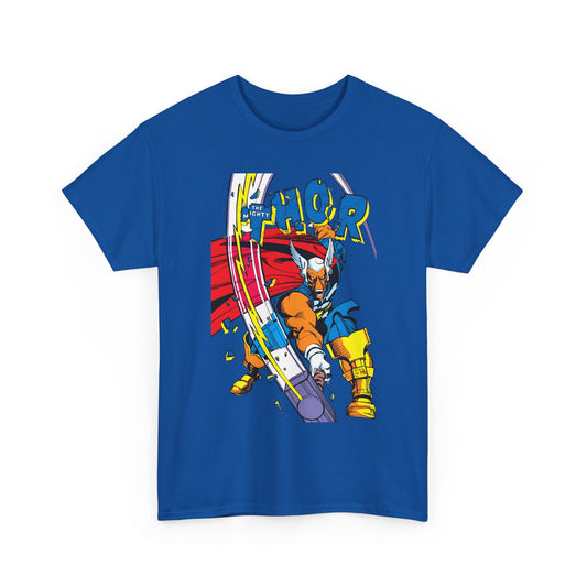 Blue t-shirt with Thor graphic design on a white background