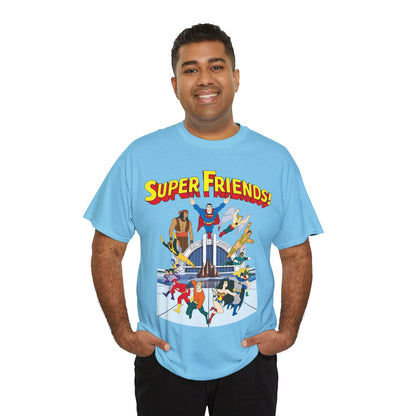Super Friends T-Shirt - DC Hanna-Barbera - Superman, Wonder Woman, Black Vulcan, Batman, The Wonder Twins, Apache Chief, Hall of Justice