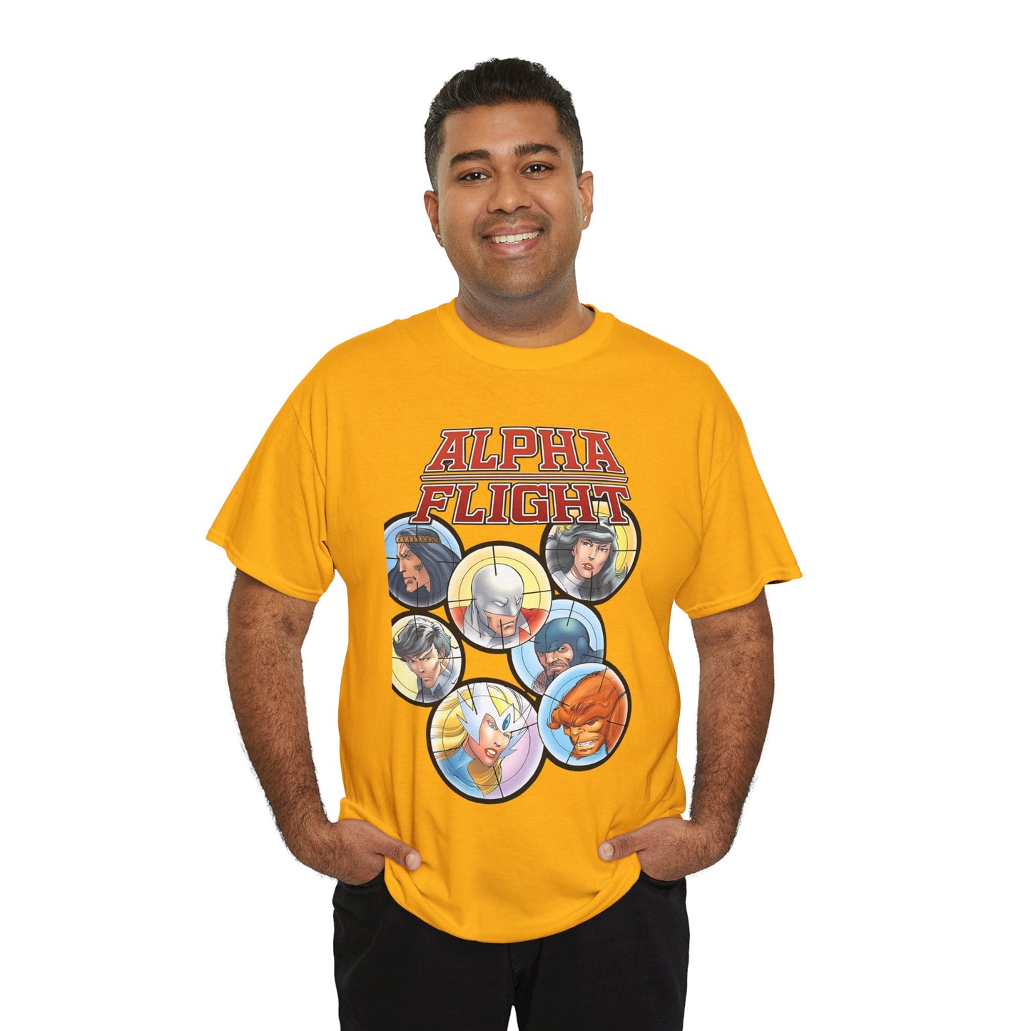 Alpha Flight T-Shirt - John Byrne Art - Guardian, Aurora, Northstar, Sasquatch, Shaman, Puck, Snowbird - Canada's Super Heroes - Marvel Comics
