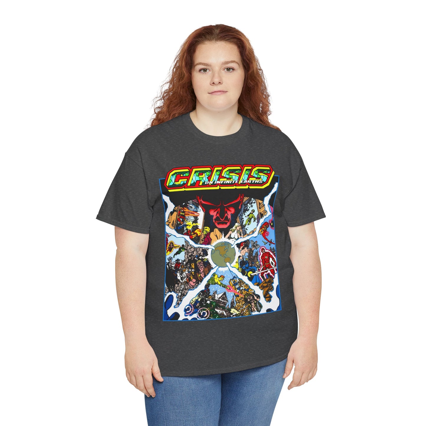 Crisis on Infinite Earths T-Shirt - George Perez Art - #3 Cover - Monitor, Flash, Starfire, Brainiac 5, Dream Girl - DC Comics
