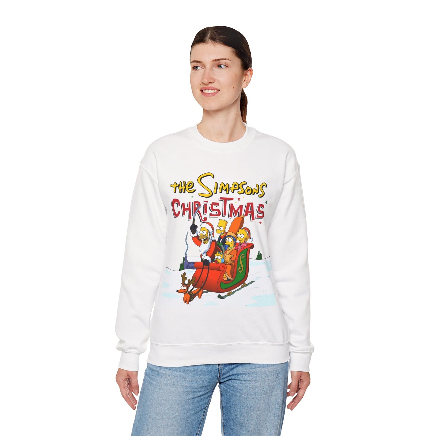 Simpsons Family Christmas Crewneck Sweatshirt - Homer, Marge, Bart, Lisa, Maggie - Riding a Christmas Sleigh Through the Winter Snow