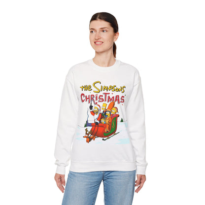 Simpsons Family Christmas Crewneck Sweatshirt - Homer, Marge, Bart, Lisa, Maggie - Riding a Christmas Sleigh Through the Winter Snow