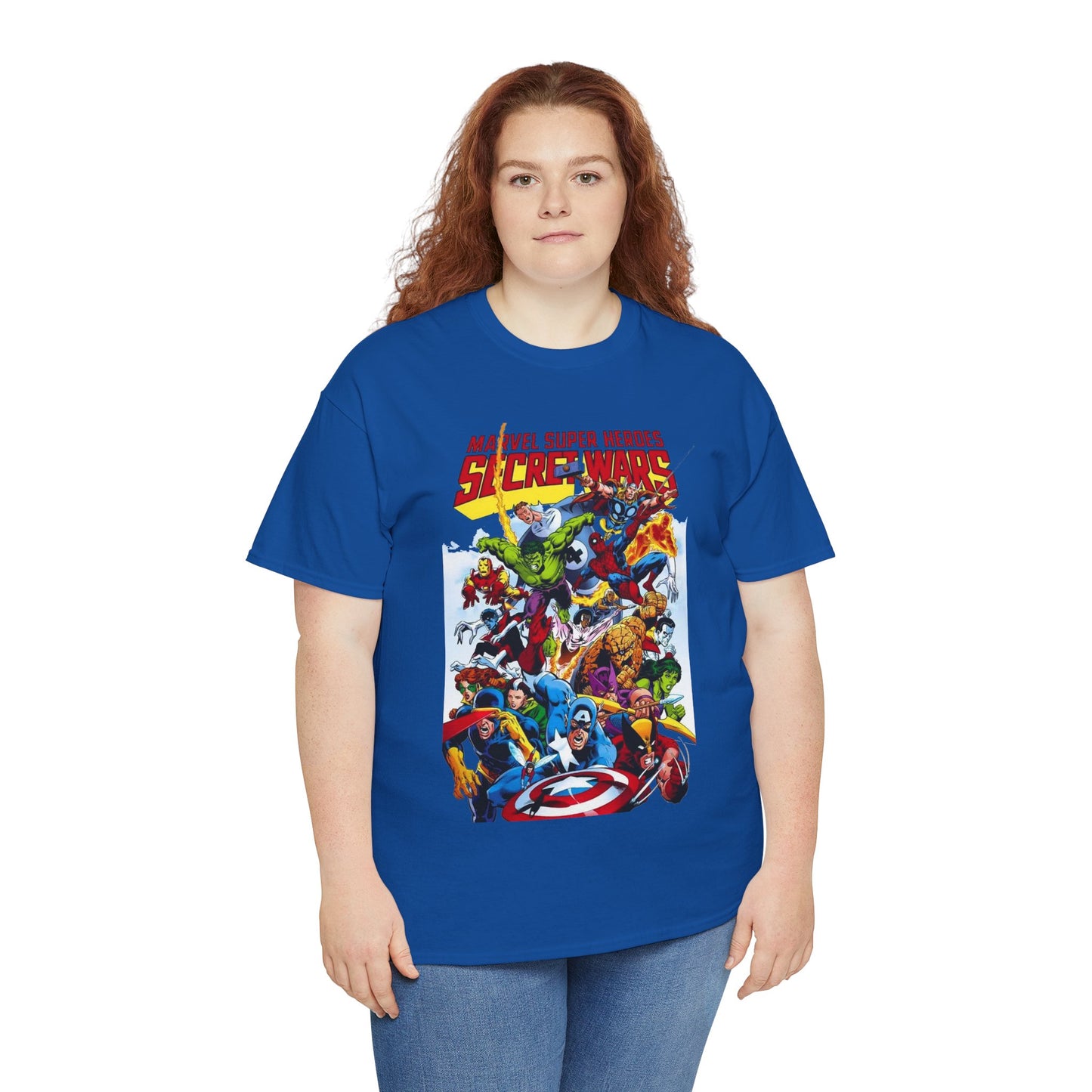 Secret Wars T-Shirt - Spider-man, Wolverine, Iron Man, Captain America, Cyclops, Rogue, Hulk, Mr Fantastic, The Thing - Classic Marvel Comics 1980s Series - The Beyonder