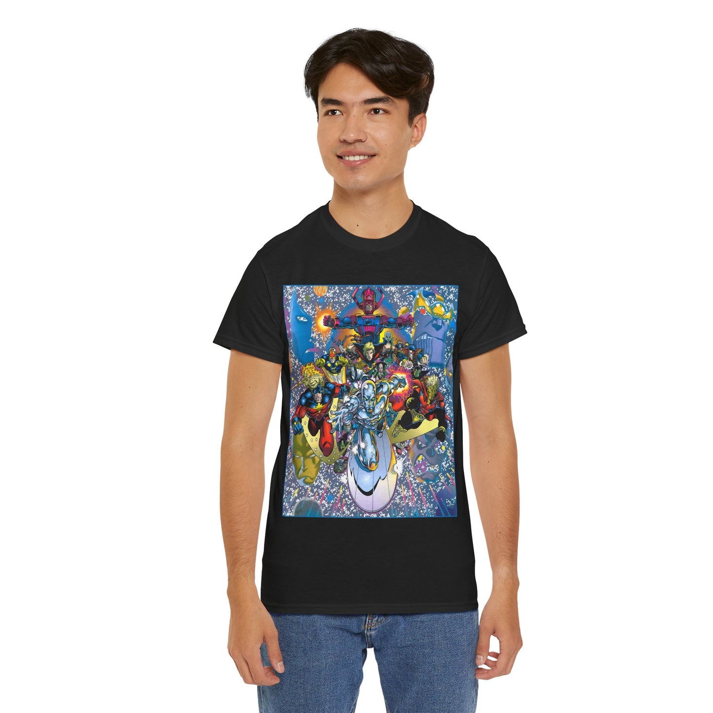Marvel Cosmic Heroes T-Shirt - Silver Surfer, Captain Marvel, Adam Warlock, Quasar, Nova, Galactus, Jack of Hearts, Moondragon, Thanos