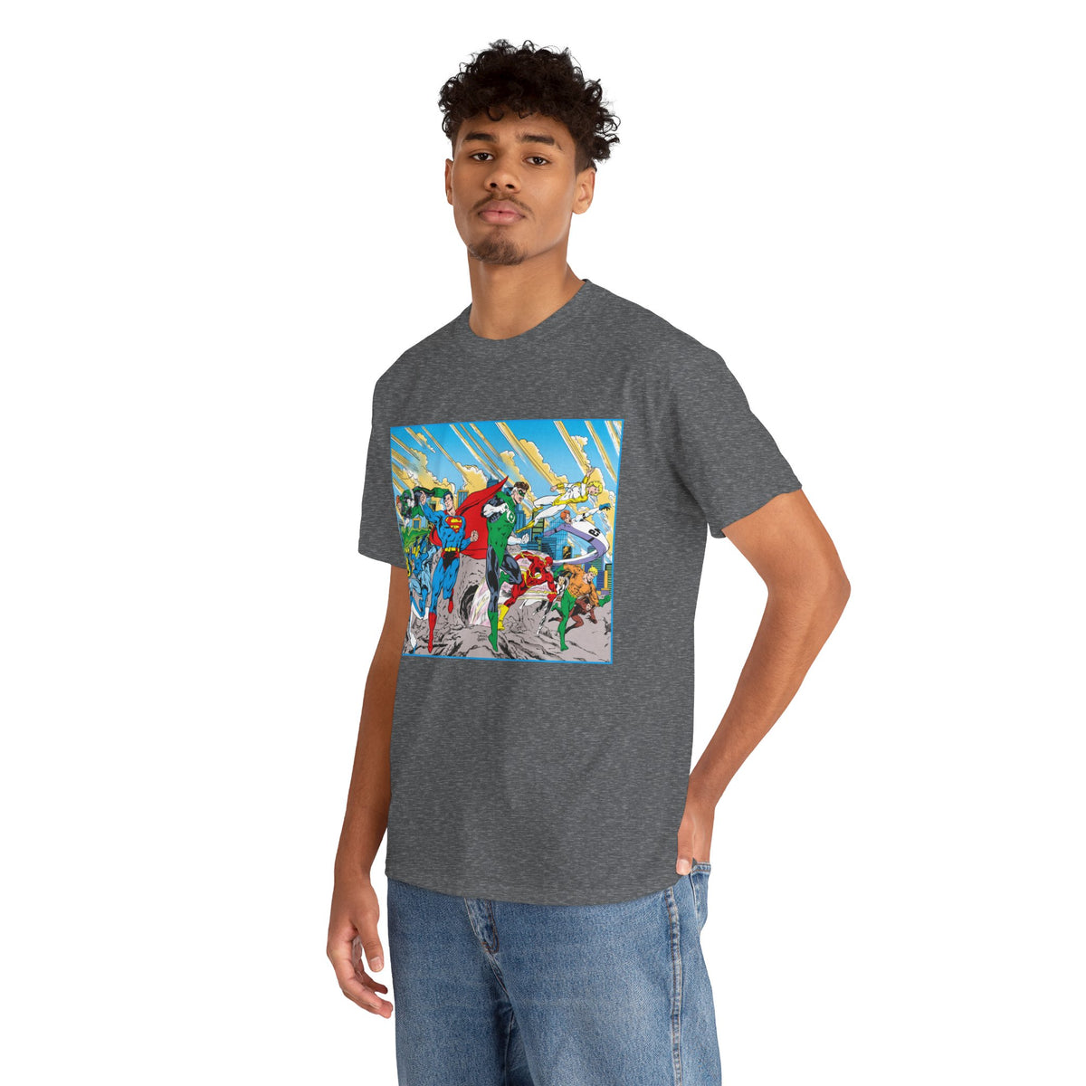 Justice League America/Europe T-Shirt - Dan Jurgens Art - Superman, Blue Beetle, Booster Gold, Green Lantern, Aquaman, Power Girl, Guy Gardner, Flash - DC Comics