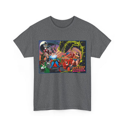 Justice League of America T-Shirt - Brian Bolland Art - Superman, Green Lantern, Wonder Woman, Batman, Flash, Elongated Man, Black Canary, Green Arrow, Atom - DC Comics