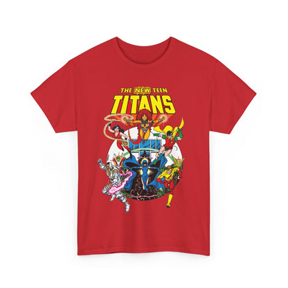 New Teen Titans T-Shirt - Classic George Perez Art - Cyborg, Raven, Starfire, Robin, Wonder Girl, Changeling, Kid Flash - Titans Tower - Popular DC Comics 1980s Series