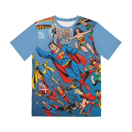 Superman Team-Ups All Over Print Tee (Polyester) - George Perez Art - DC Comics Presents 2-Page Spread - Wonder Woman, Dr. Fate, Adam Strange, Supergirl