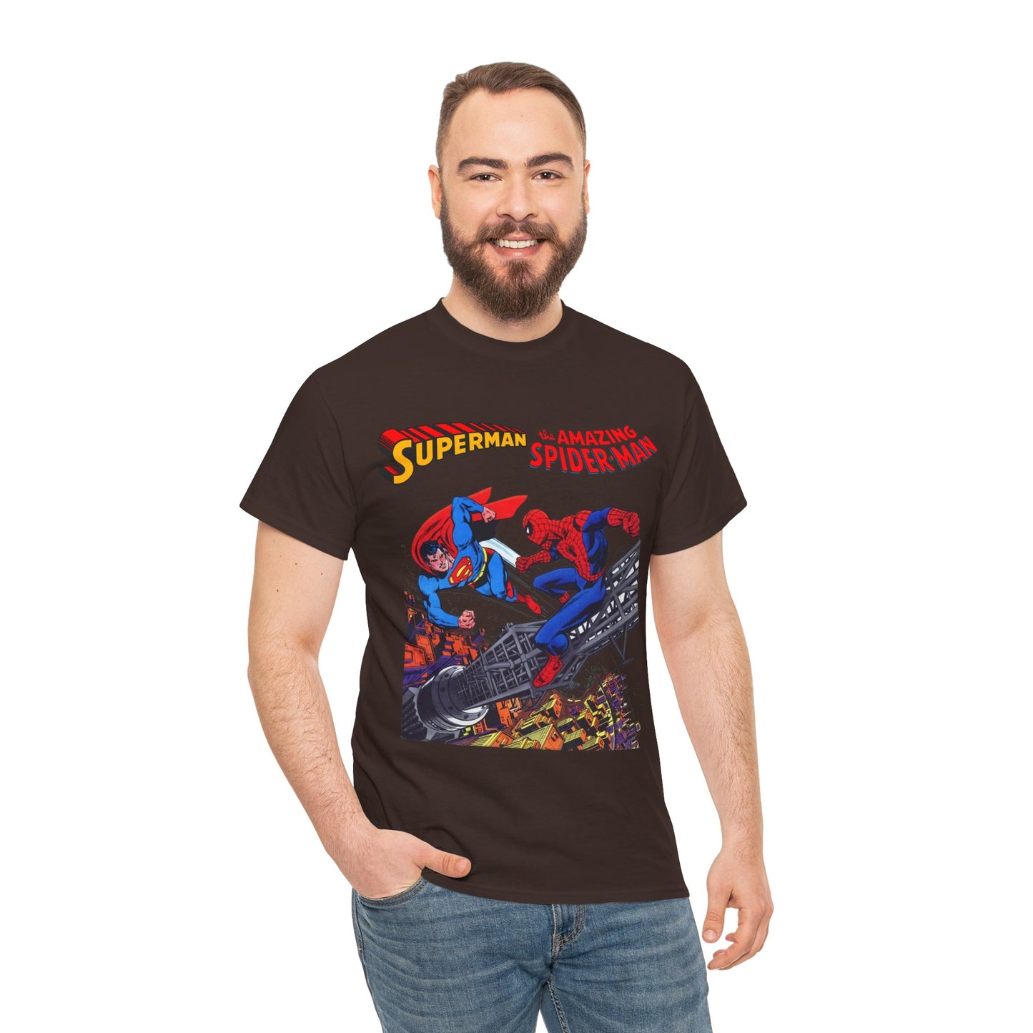 Superman & Amazing Spider-Man T-Shirt - DC/Marvel Comics Crossover - 1970s - Clark Kent & Peter Parker