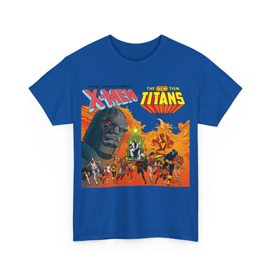 X-Men & New Teen Titans T-Shirt - Walt Simonson Art - Marvel & DC Comics Crossover - Wolverine, Raven, Storm, Cyclops, Robin, Cyborg, Colossus, Dark Phoenix, Darkseid
