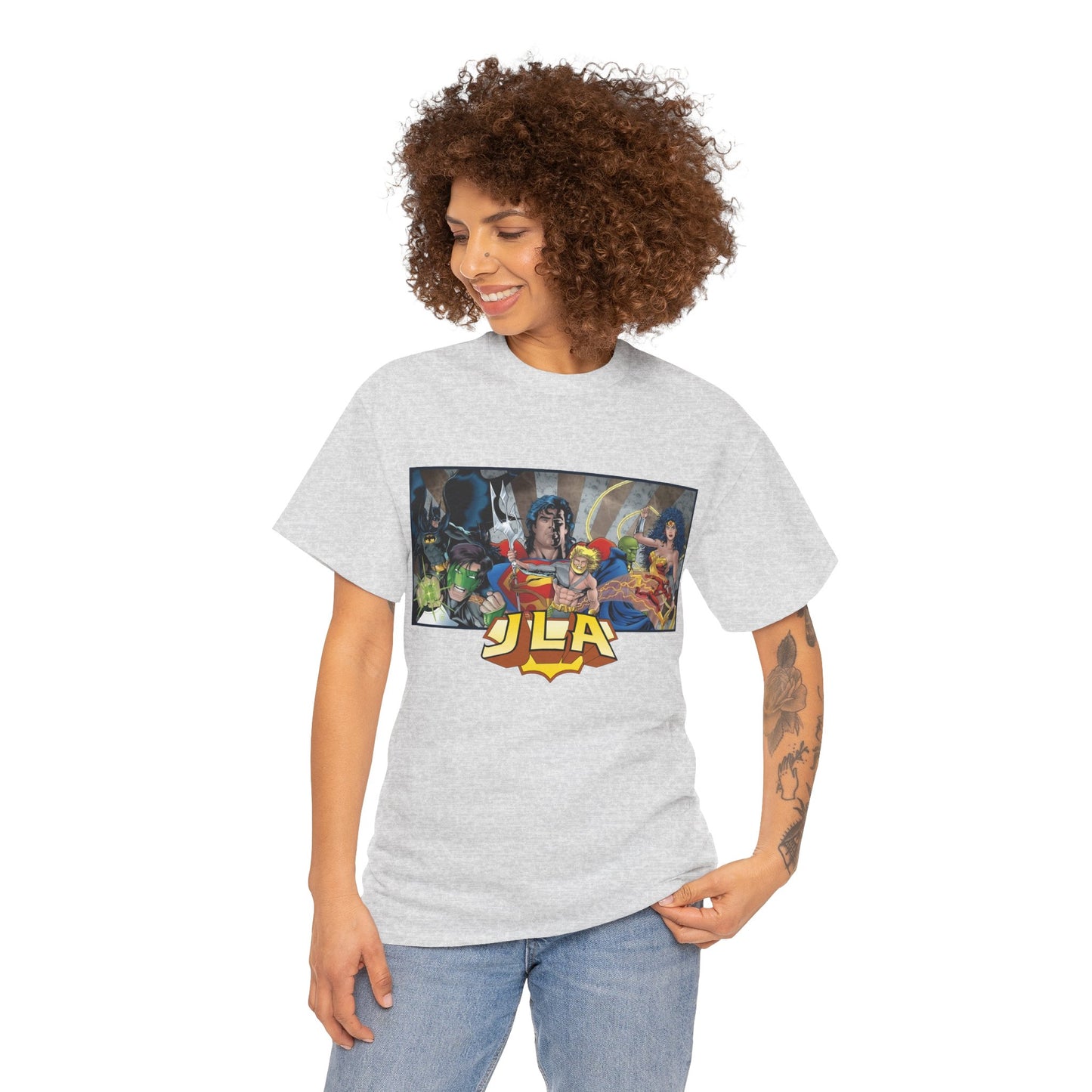 Justice League T-Shirt - Kevin Maguire Art - Superman, Wonder Woman, Batman, Flash, Aquaman, Martian Manhunter, Green Lantern - 90s Lineup - DC Comics