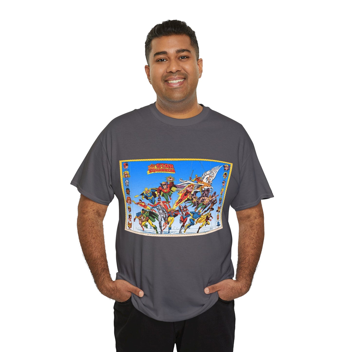 All-Star Squadron T-Shirt - Jerry Ordway Art - JSA Connection - Firebrand, Robotman, Amazing Man, Shining Knight, Tarantula, Dr Fate - Retro 1980s Series - DC Comics