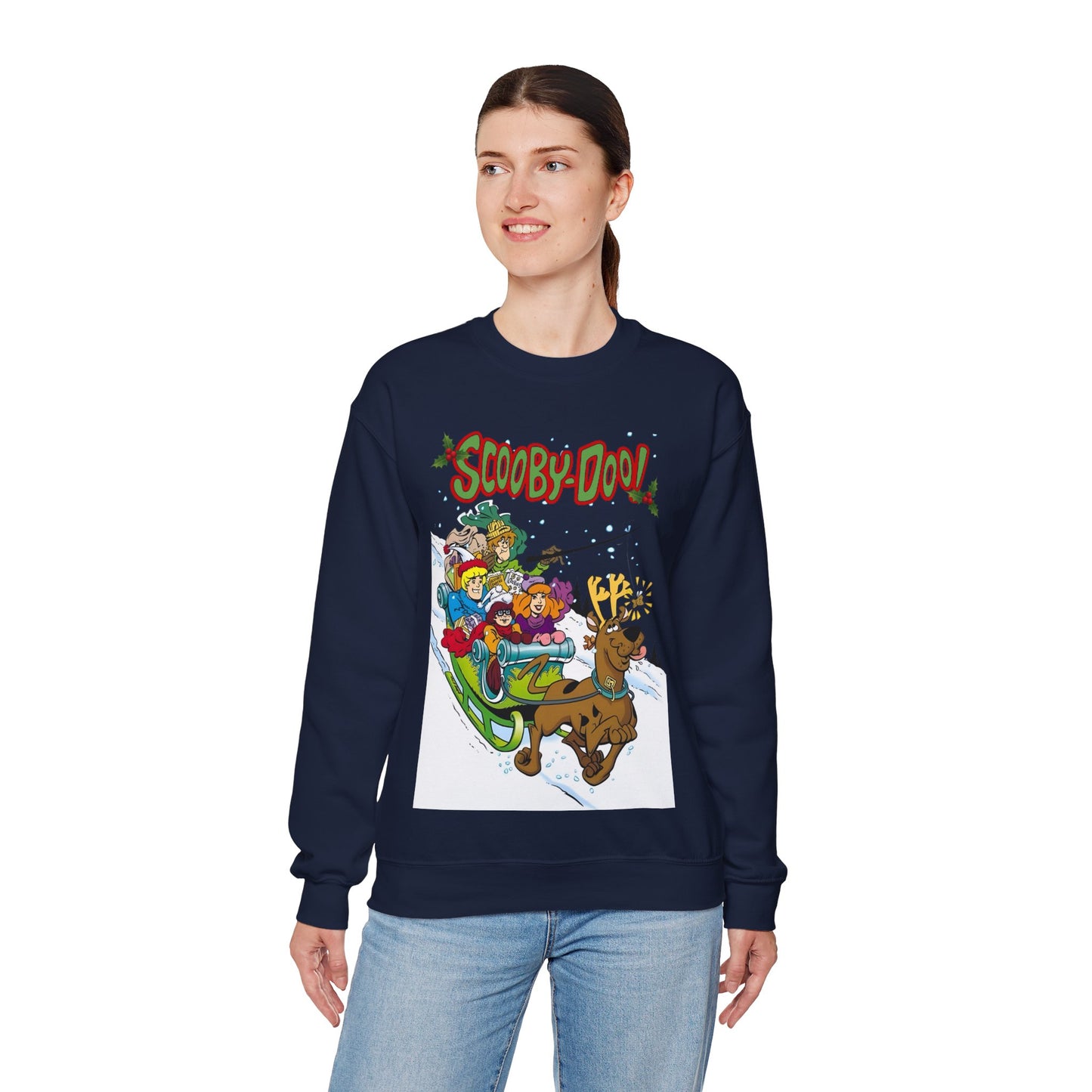 Scooby Doo Christmas Crewneck Sweatshirt - Shaggy, Daphne, Velma, Fred Sleighing Through the Snow