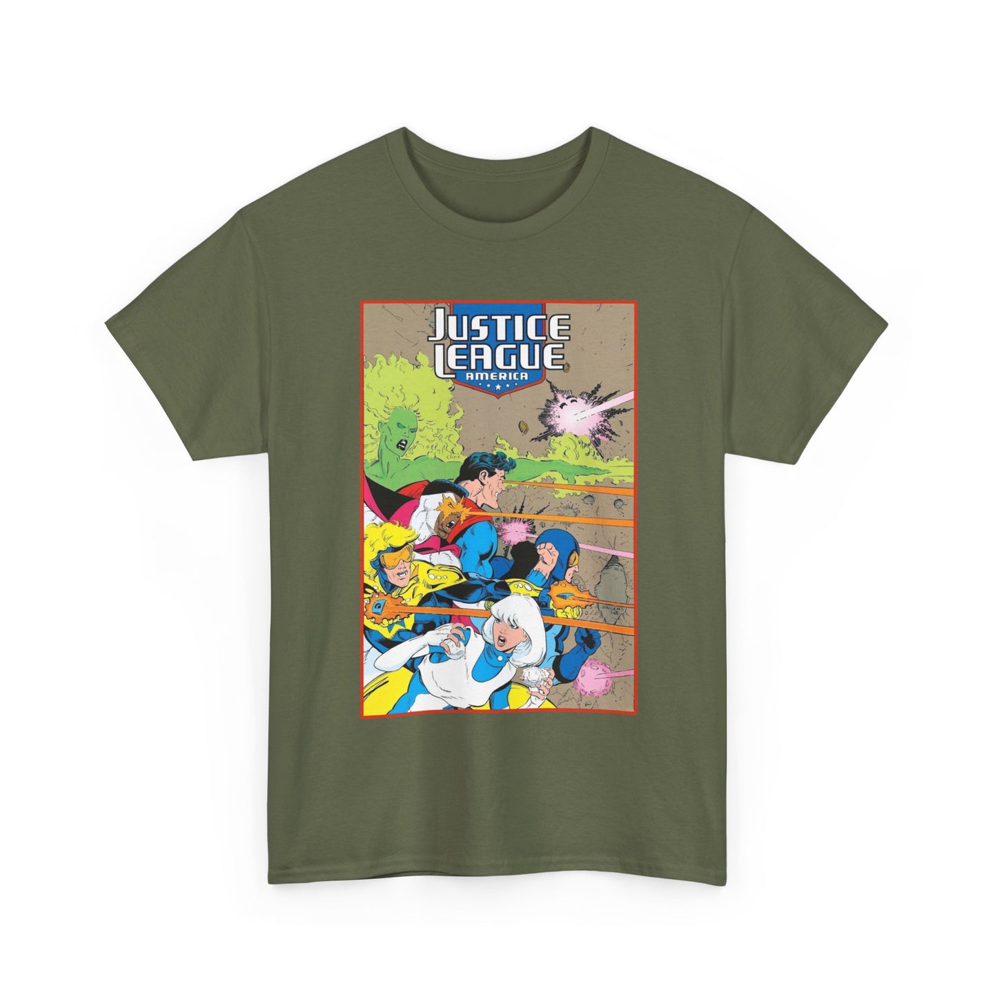 Justice League of America T-Shirt - Dan Jurgens Art - Superman, Fire, Ice, Blue Beetle, Booster Gold, Bloodwynde - DC Comics